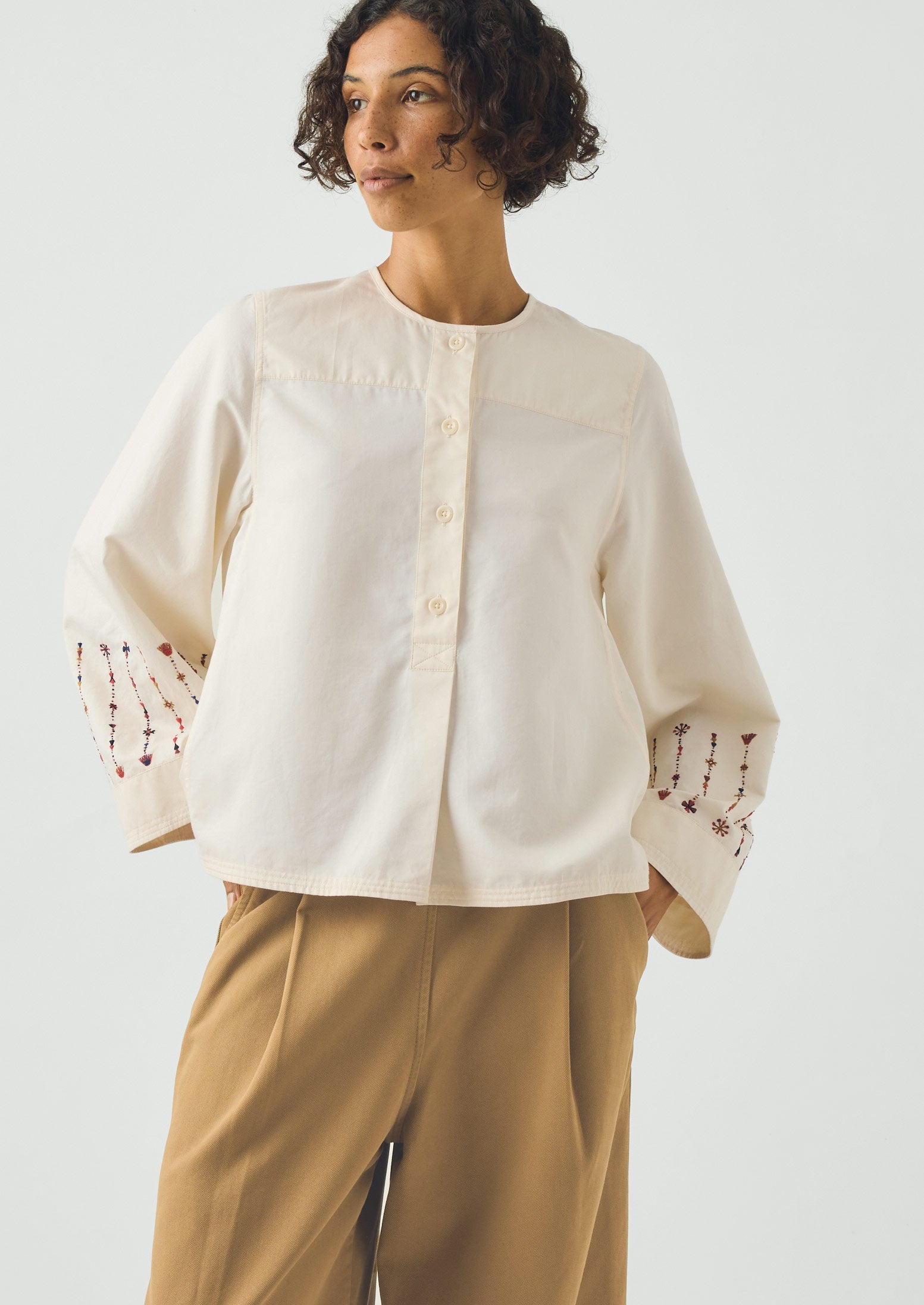 Embroidered Sleeve Cotton Satin Top | Natural | TOAST