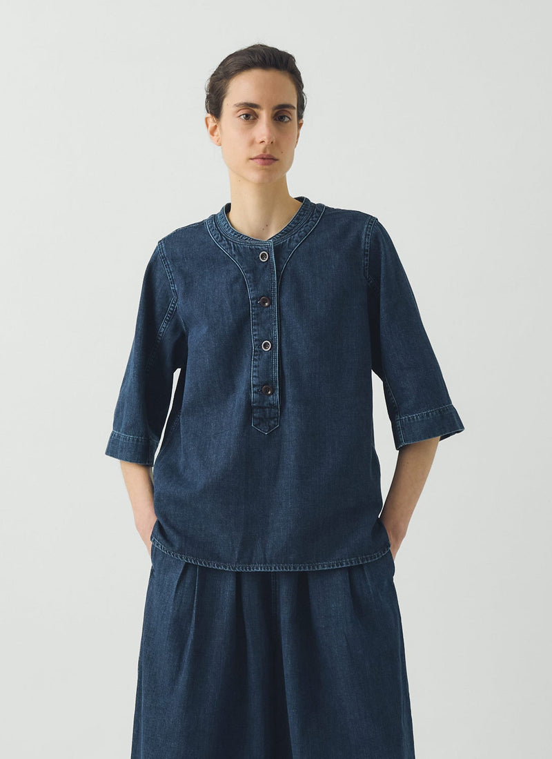 Cotton Denim Placket Detail Top | Indigo