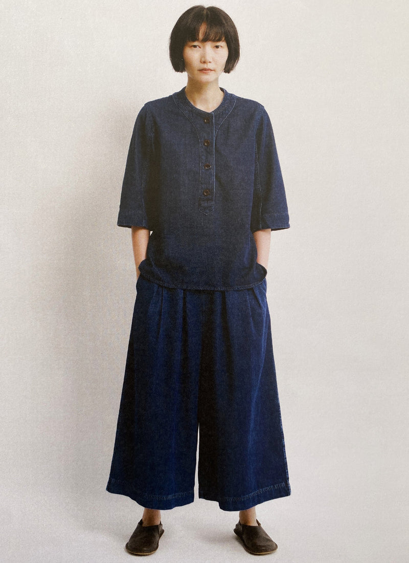 Cotton Denim Placket Detail Top | Indigo