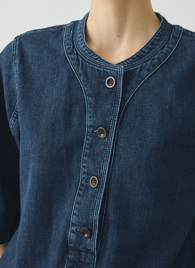 Cotton Denim Placket Detail Top | Indigo