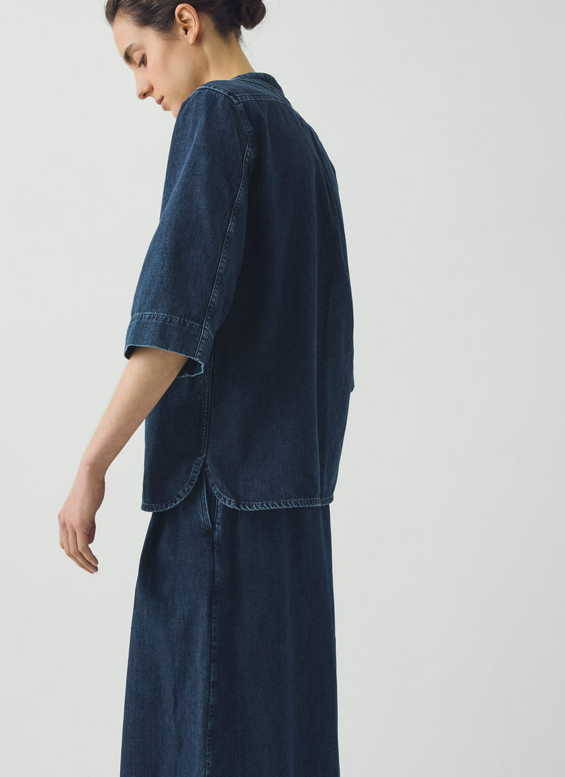 Cotton Denim Placket Detail Top | Indigo