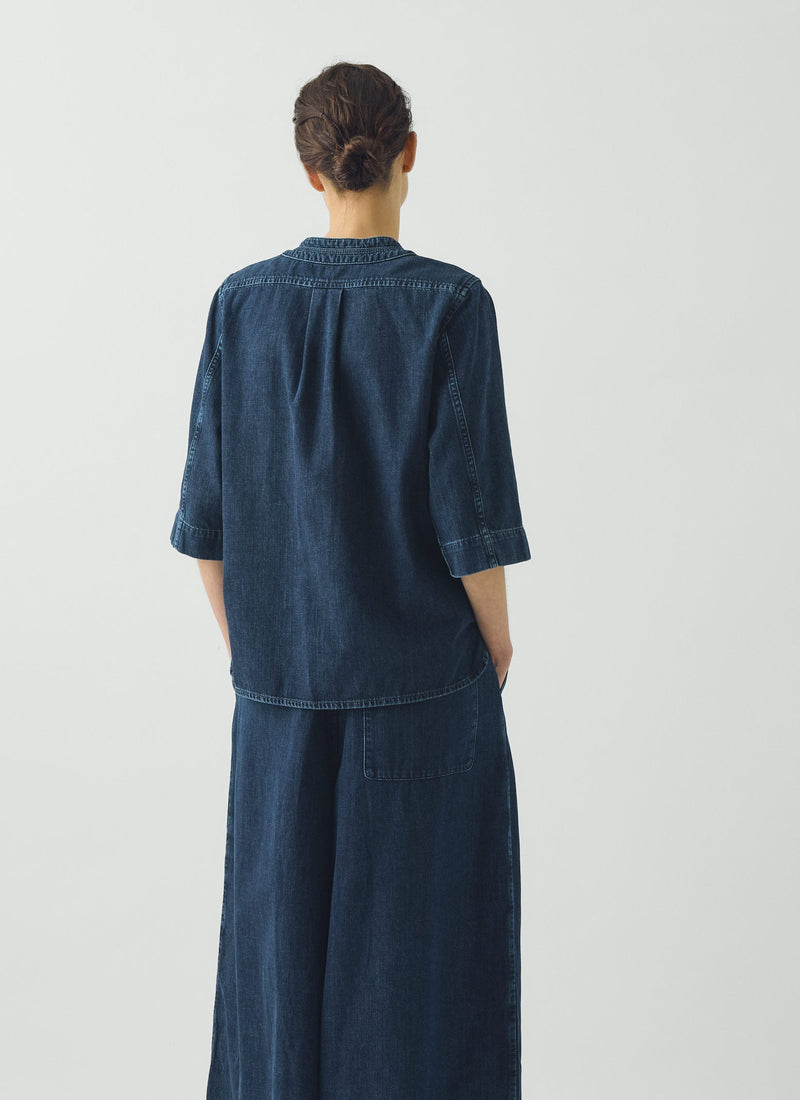 Cotton Denim Placket Detail Top | Indigo