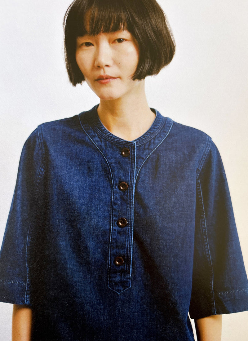 Cotton Denim Placket Detail Top | Indigo