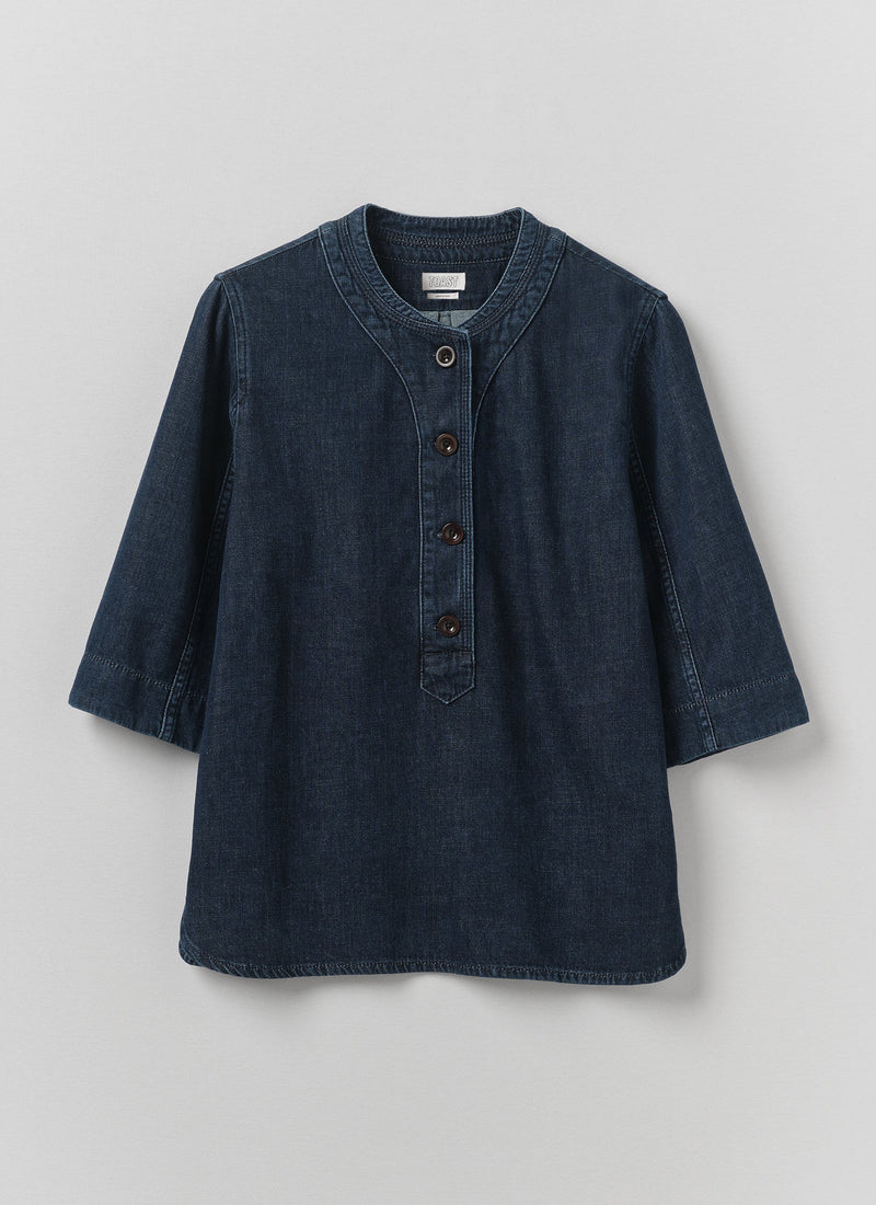 Cotton Denim Placket Detail Top | Indigo