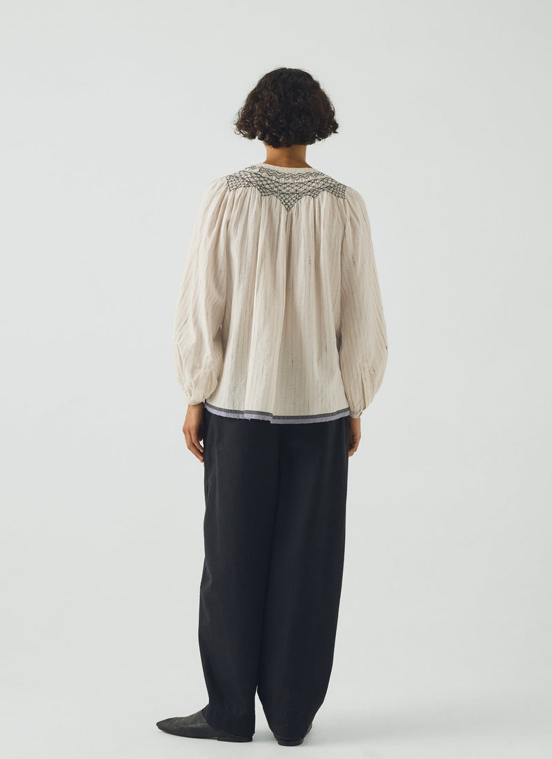 Smocked Neck Cotton Silk Mulmul Top | Ecru Multi