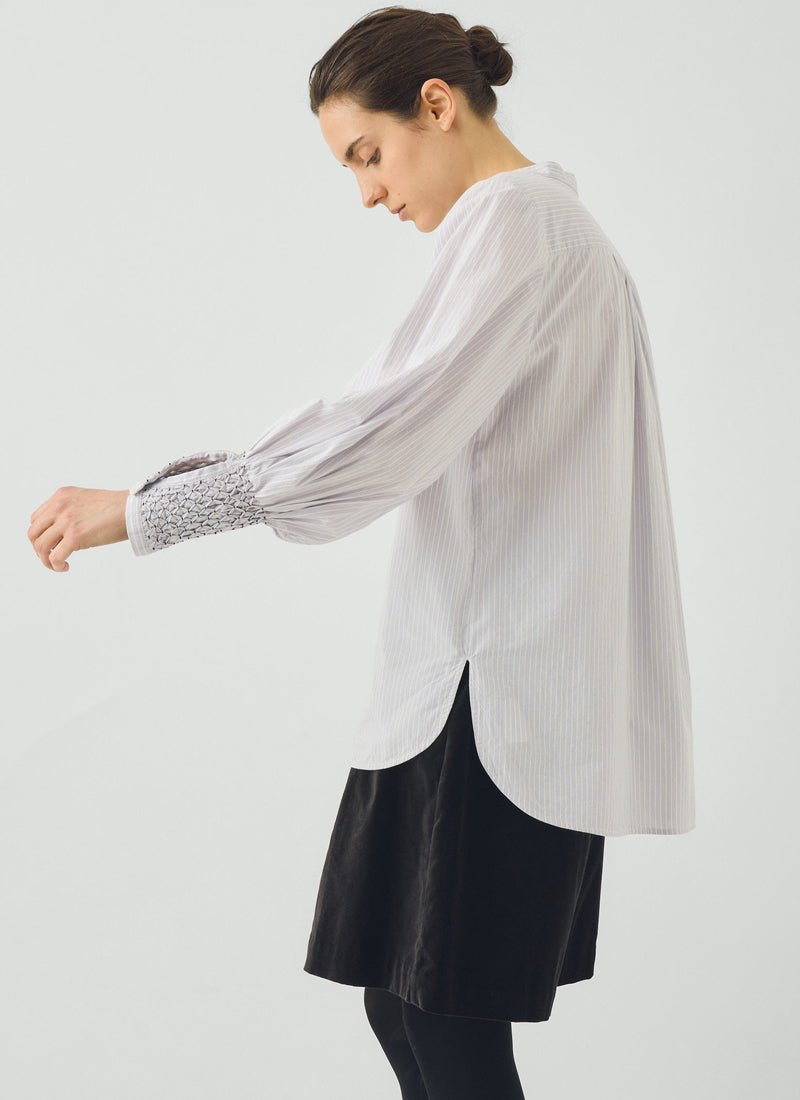Hand Smocked Stripe Cotton Shirt | Ecru/Thistle
