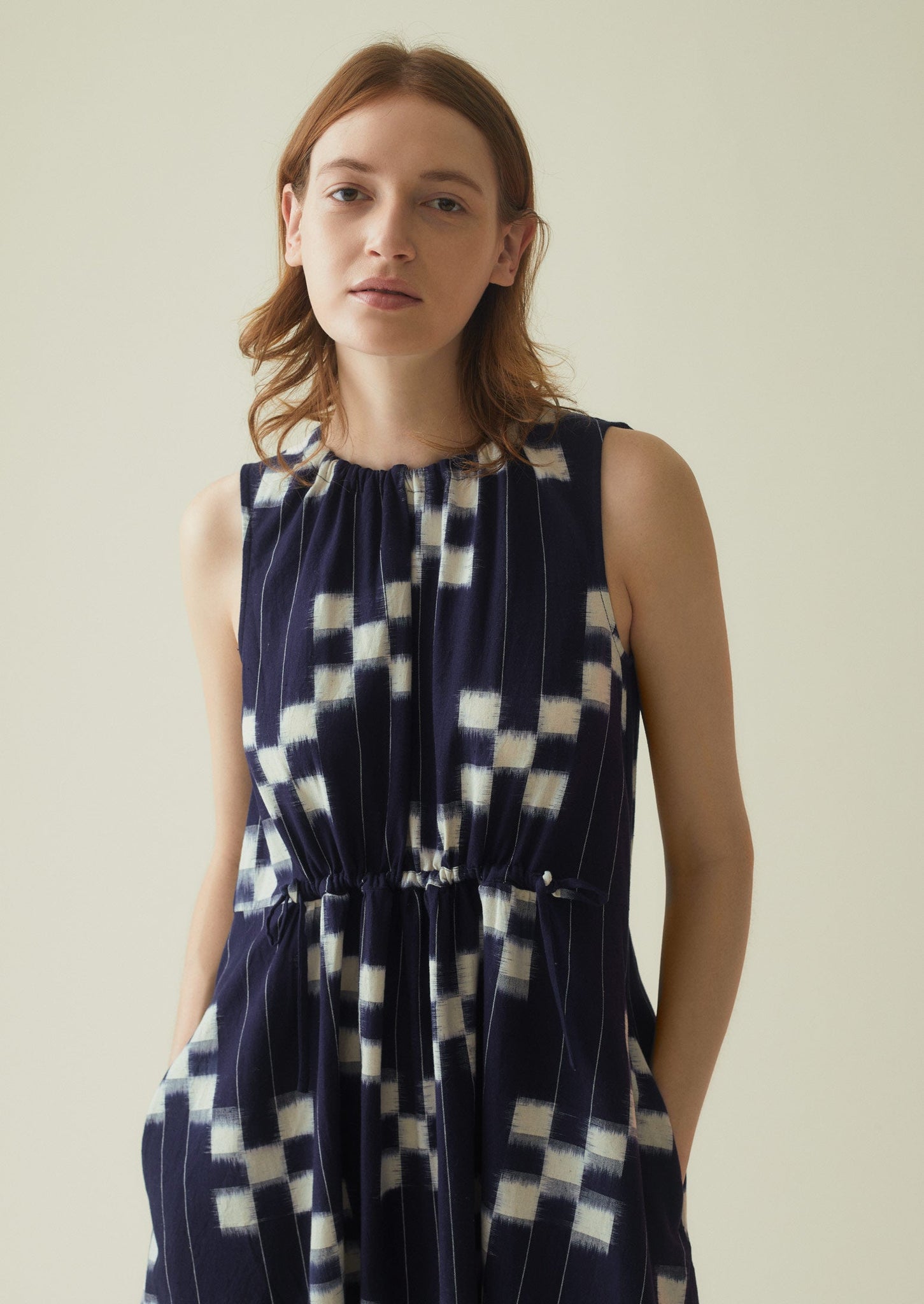Grid Check Organic Ikat Dress | Denim Blue/Ecru