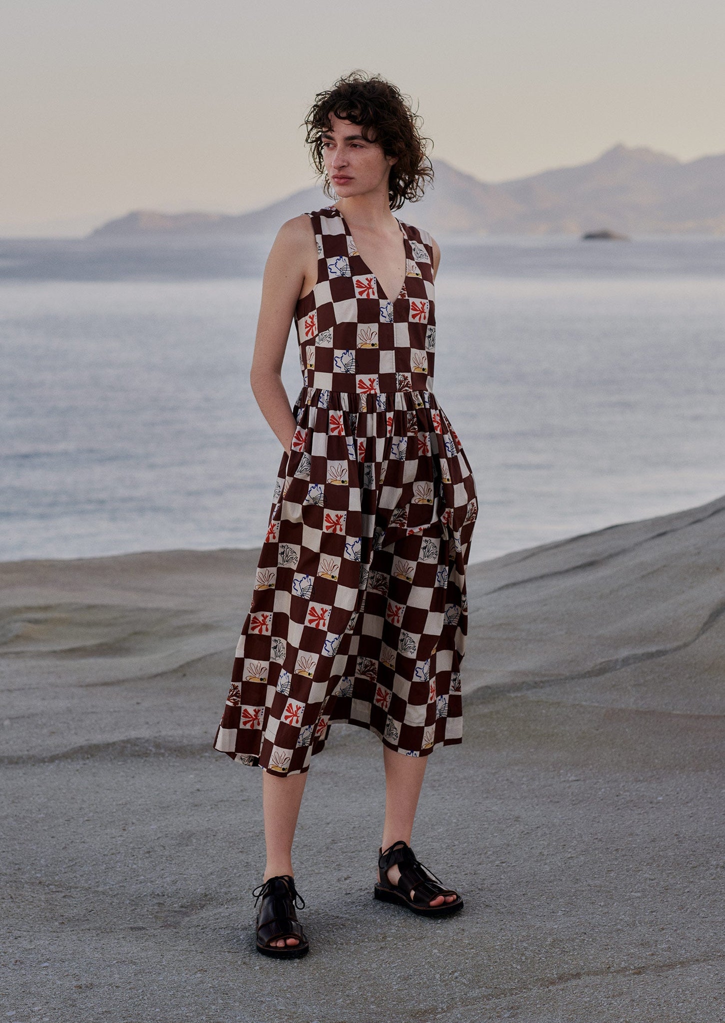 Coral Print Cotton Dress | Brown Ochre/Multi