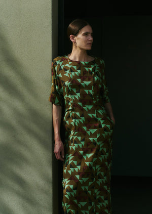 Tie Waist Geometric Print Dress | Olive Green