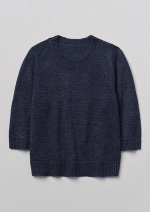 Cropped Sleeve Linen Sweater | Dark Navy