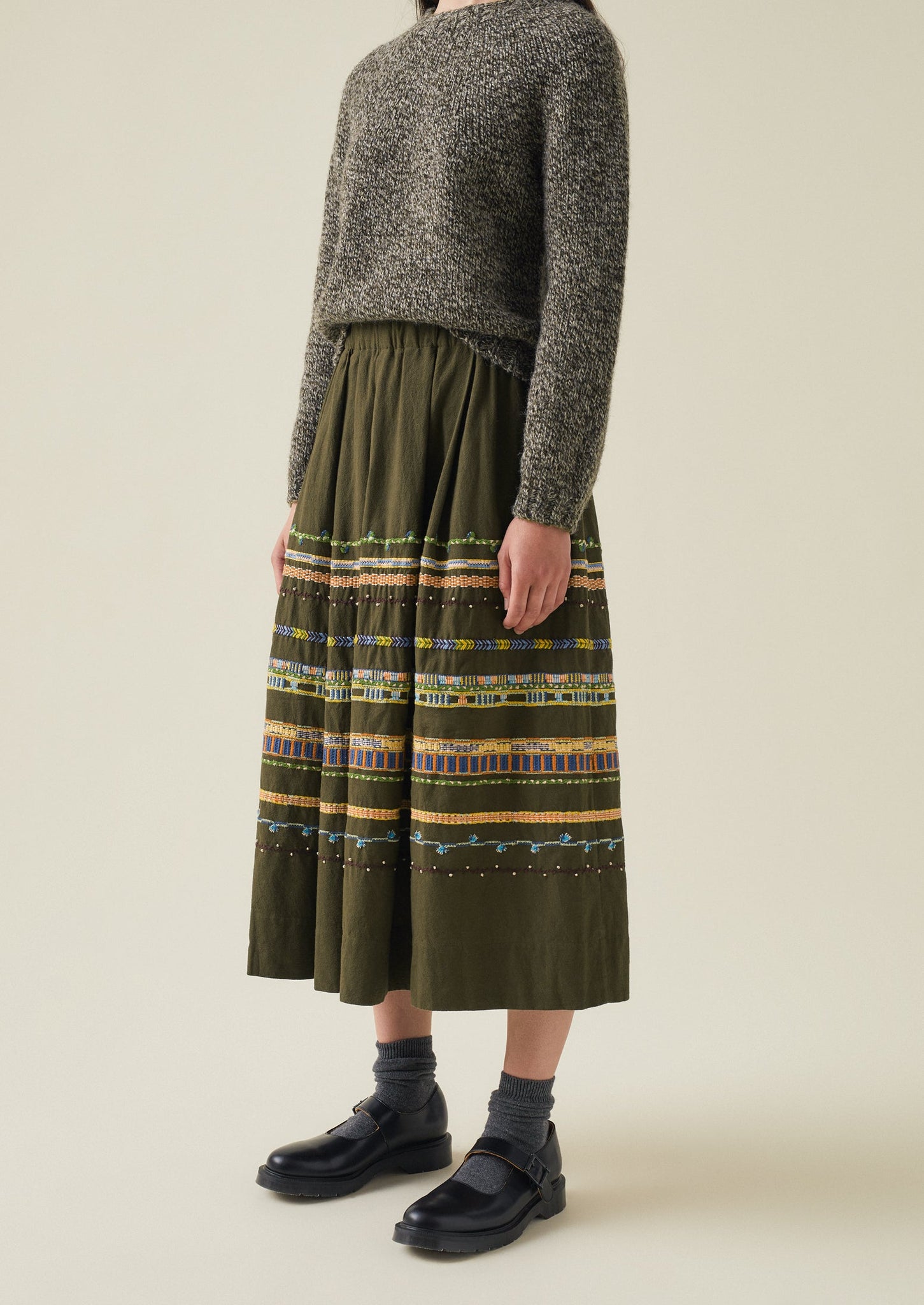 Embroidered Textured Cotton Skirt | Tent Green
